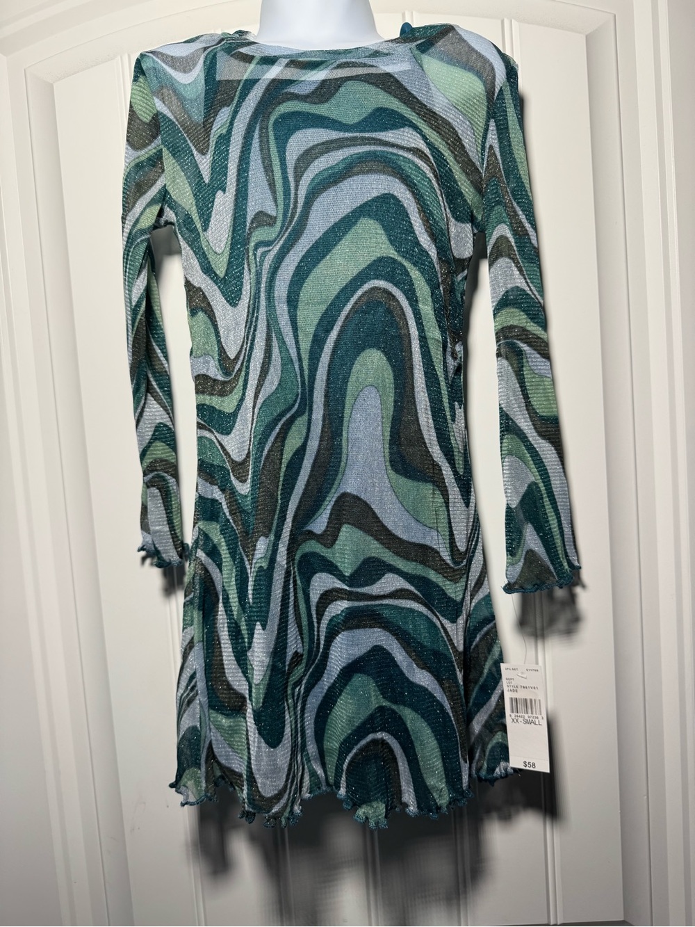 2PC Set Dress XX-Small Green White Abstract Swirl Mesh
